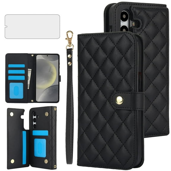 Asuwish Phone Case for Samsung Galaxy S23 FE 5G Wallet Credit Cell Cover with Tempered Glass Screen Protector Lanyard Wrist Strap Flip Card Holder Slot Stand S 23 EF S23FE 23S Women Girls Black