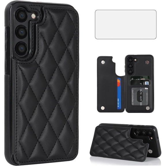 Asuwish Compatible with Samsung Galaxy S23 5G Wallet Phone Case Tempered Glass Screen Protector Credit Card Holder Stand Rugged Slot Cell Cover for S 23 23S GS23 G5 SM-S911U 6.1 inch Women Men Black