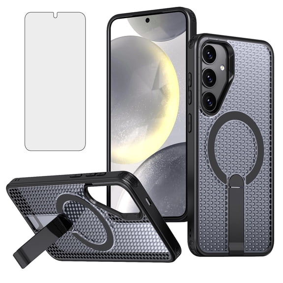 Asuwish Kickstand Hard Shell Slim Cell Phone Case with Tempered Glass Screen Protector for Samsung Galaxy S24/S25, Black