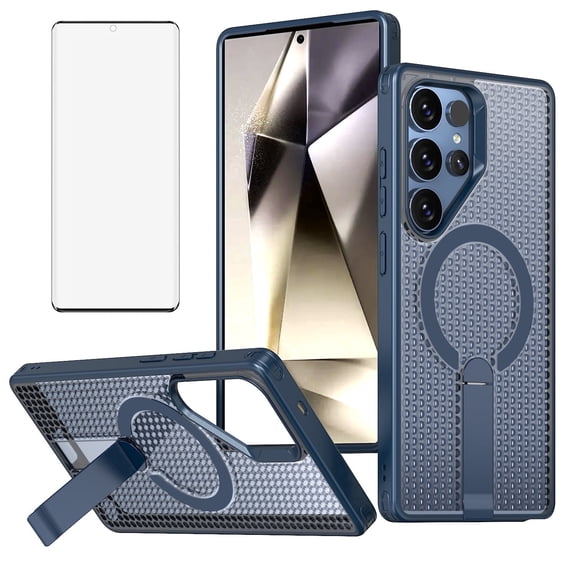 Asuwish Kickstand Hard Shell Slim Cell Phone Case with Tempered Glass Screen Protector for Samsung Galaxy S24 Ultra, Blue