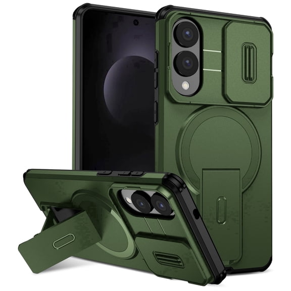 Asuwish Magnetic, Kickstand, Slide Camera Cover TPU, Plastic, Metal Hard Shell Fashion Cell Phone Case for Samsung S25 Edge, Green