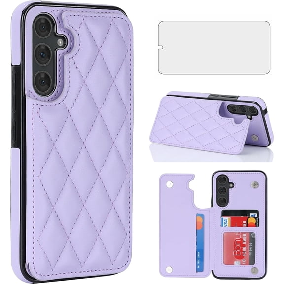 Asuwish Kickstand Hard Shell Wallet RFID Blocking Cell Phone Case with 1 Phone Case 1 Piece Tempered Glass Screen Protector for Samsung Galaxy S25 Plus ,Purple