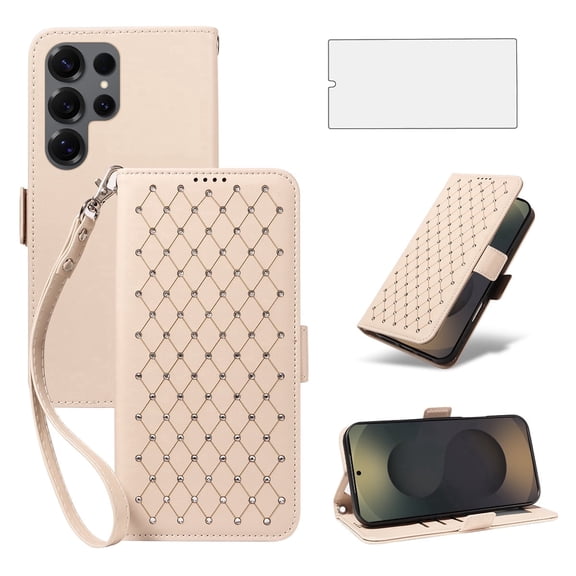 Asuwish Samsung Galaxy S25 Ultra Wallet Case, matte Leather Flip Cover with Wrist Strap, 3 Card Holder Slots, Kickstand & Shockproof – Beige