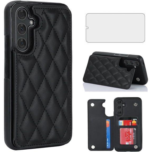 Asuwish Compatible with Samsung Galaxy S25 5G Wallet Phone Case Tempered Glass Screen Protector Credit Card Holder Stand Rugged Accessories Slot Flip Cell Cover for S 25 25S SM-S931U Women Men Black