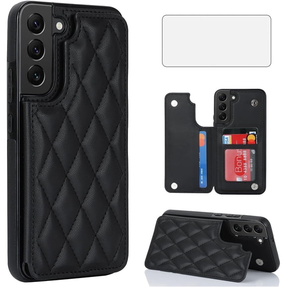 Asuwish Compatible with Samsung Galaxy S22 Plus S22+ 5G Wallet Phone Case Tempered Glass Screen Protector Credit Card Holder Stand Rugged Cell Cover for S22+5G S22plus 22S + S 22 22+ Women Men Black
