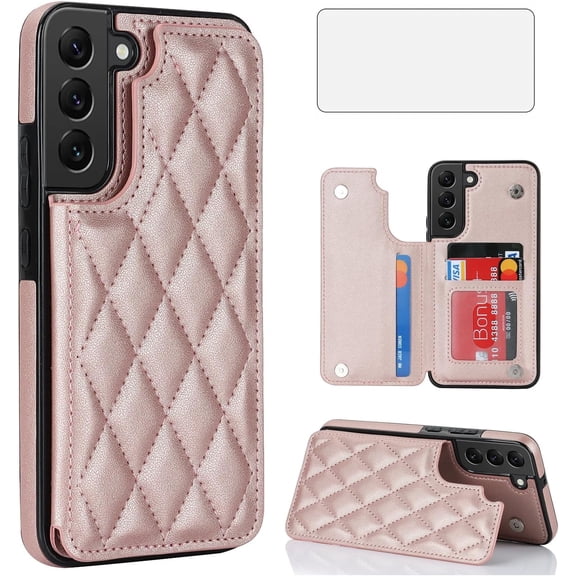 Asuwish Compatible with Samsung Galaxy S22 Plus S22+ 5G Wallet Phone Case Tempered Glass Screen Protector Credit Card Holder Stand Slot Cell Cover for S22+5G S22plus 22S + S 22 22+ Women Men RoseGold