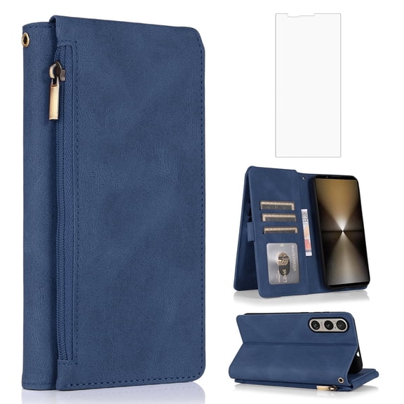 Asuwish Wallet Kickstand Hard Shell Cell Phone Case with Tempered Glass Screen Protector for Sony xperia 1 VI, Blue