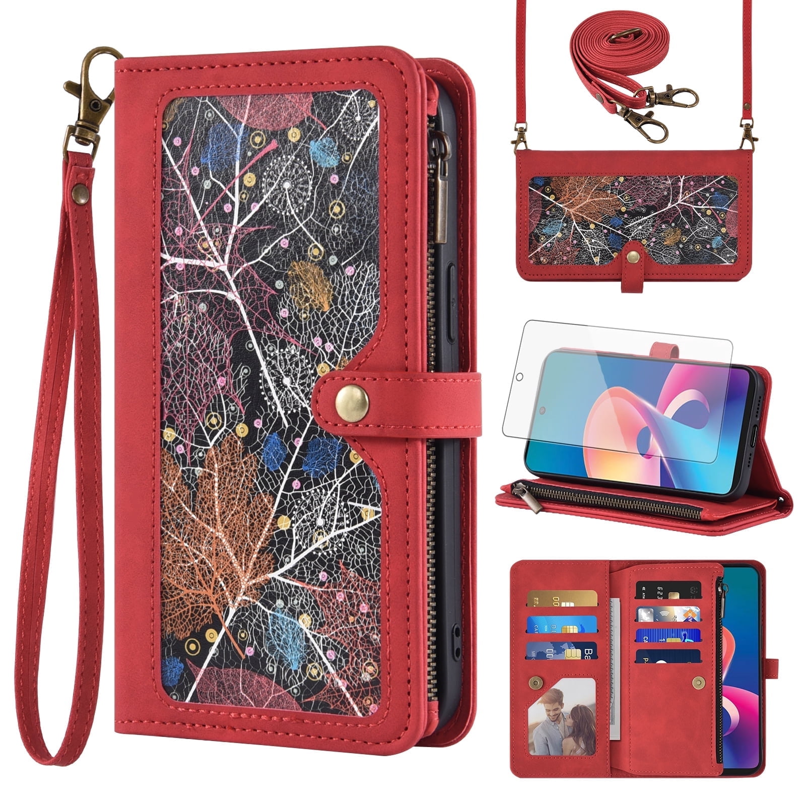 Asuwish Phone Case for TCL 50 XE/TLC 50XE NxtPaper 5G Wallet Cover With Tempered Glass Screen Protector Flip Pattern Zipper Credit Card Holder Stand Cell TCL50XE5G EX T614SP T614D T614WS Women Red