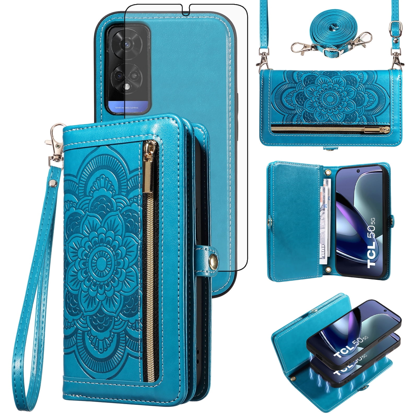 Phone Case for TCL 50 XE/TLC 50XE NxtPaper 5G Zipper Wallet Detachable Cell Cover with Tempered Glass Screen Protector Strap Flower Flip Card Holder Slot TCL50XE5G EX T614SP T614D T614WS Women Blue