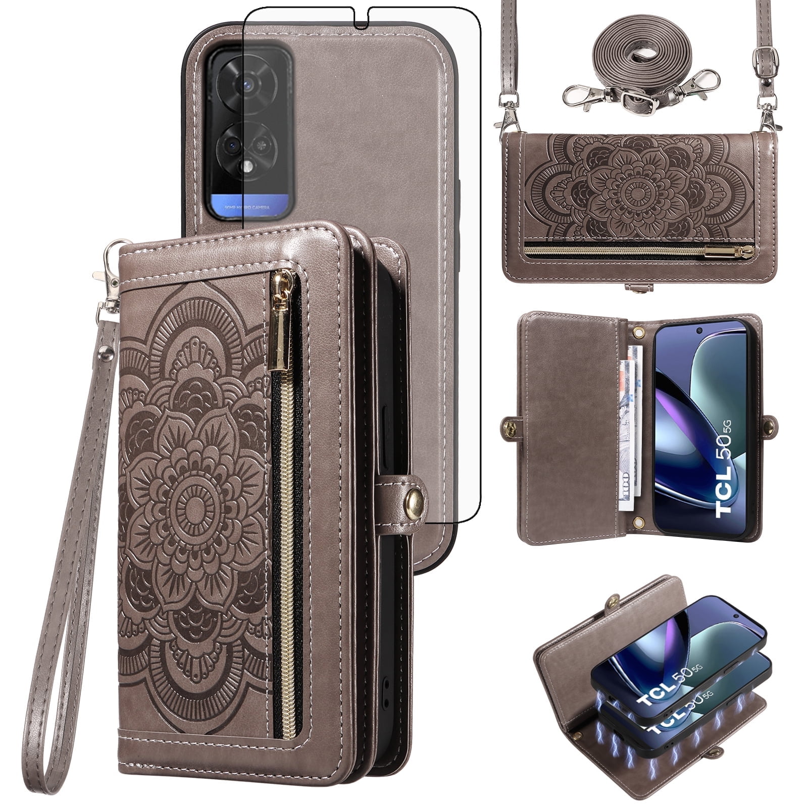 Phone Case for TCL 50 XE/TLC 50XE NxtPaper 5G Zipper Wallet Detachable Cell Cover with Tempered Glass Screen Protector Strap Flower Flip Card Holder Slot TCL50XE5G EX T614SP T614D T614WS Women Gray