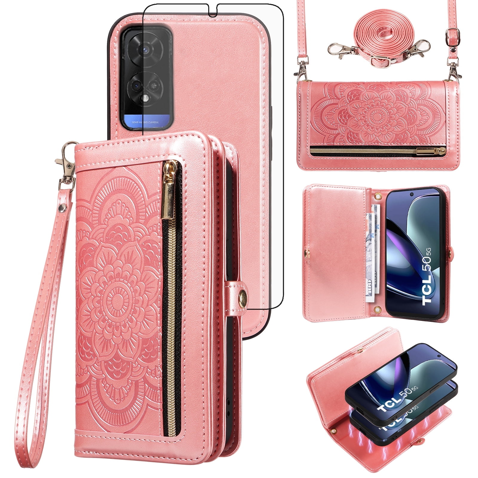 Phone Case for TCL 50 XE/TLC 50XE NxtPaper 5G Zipper Wallet Detachable Cell Cover with Tempered Glass Screen Protector Strap Flower Flip Card Holder TCL50XE5G EX T614SP T614D T614WS Women RoseGold