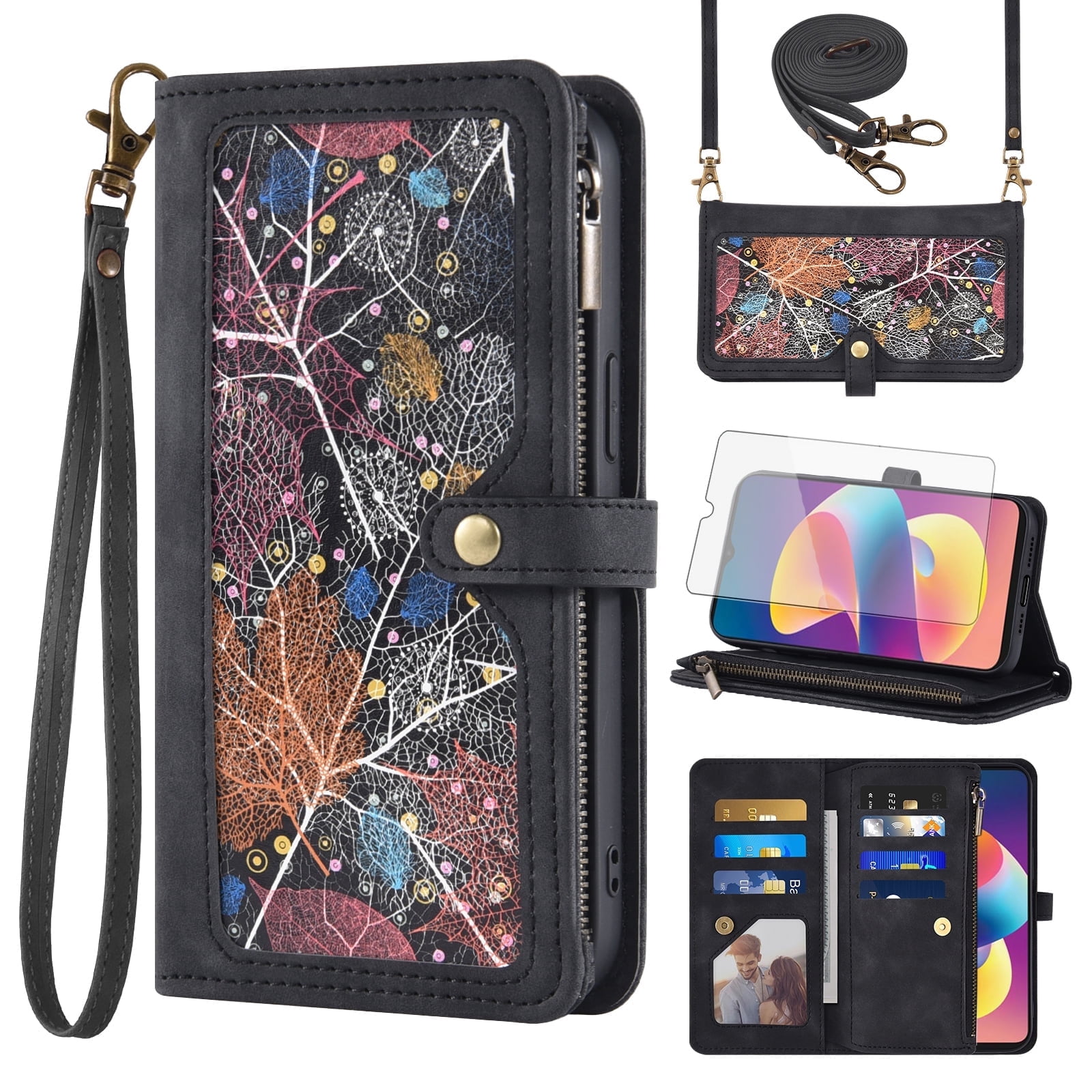 Asuwish Phone Case for TCL 50 LE/K23/K24 Wallet Cover With Tempered Glass Screen Protector Crossbody Wrist Strap Flip Pattern Zipper Card Holder Cell TLC 50LE/K 24 T434D/23 T434W TCL50LE T510SP Black