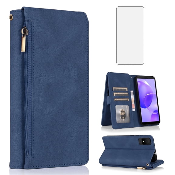 Asuwish Wallet Kickstand Hard Shell Cell Phone Case with Tempered Glass Screen Protector for TCL 502, Blue