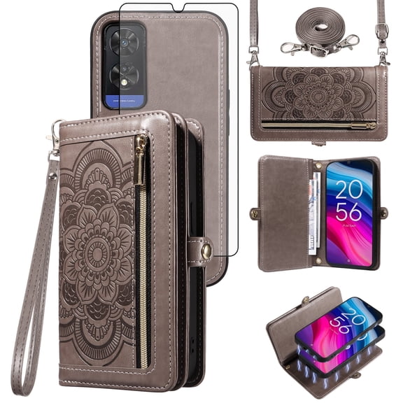 Asuwish Detachable Magnetic Zipper Wallet Phone Case with Flower Pattern and Screen Protector for TCL 505, Gray