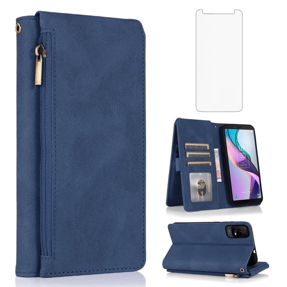 Asuwish Wallet Kickstand Hard Shell Cell Phone Case with Tempered Glass Screen Protector for TCL ION X/ION V/40Z, Blue