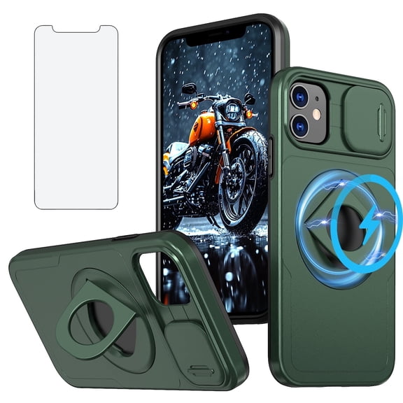 Asuwish Camera Cover, Ring Holder Rugged Cell Phone Case with Tempered Glass Screen Protector for iPhone 12 and iPhone 12 Pro, Dark Green
