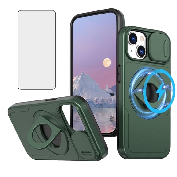 Asuwish Camera Cover, Ring Holder Rugged Cell Phone Case with Tempered Glass Screen Protector for iPhone 15, Dark Green