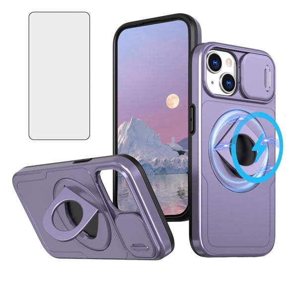 Asuwish Camera Cover, Ring Holder Rugged Cell Phone Case with Tempered Glass Screen Protector for iPhone 15, Purple