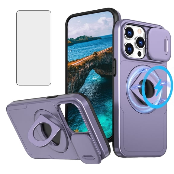 Asuwish Camera Cover, Ring Holder Rugged Cell Phone Case with Tempered Glass Screen Protector for iPhone 15 Pro Max, Purple