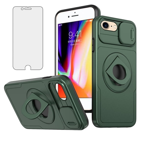 Asuwish Camera Cover, Ring Holder Rugged Cell Phone Case with Tempered Glass Screen Protector for iPhone 7 Plus and iPhone 8 Plus, Dark Green