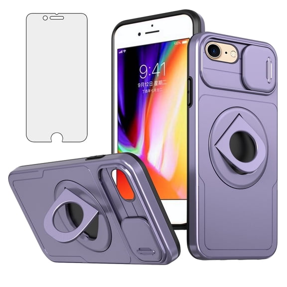 Asuwish Camera Cover, Ring Holder Rugged Cell Phone Case with Tempered Glass Screen Protector for iPhone 7 Plus and iPhone 8 Plus, Purple
