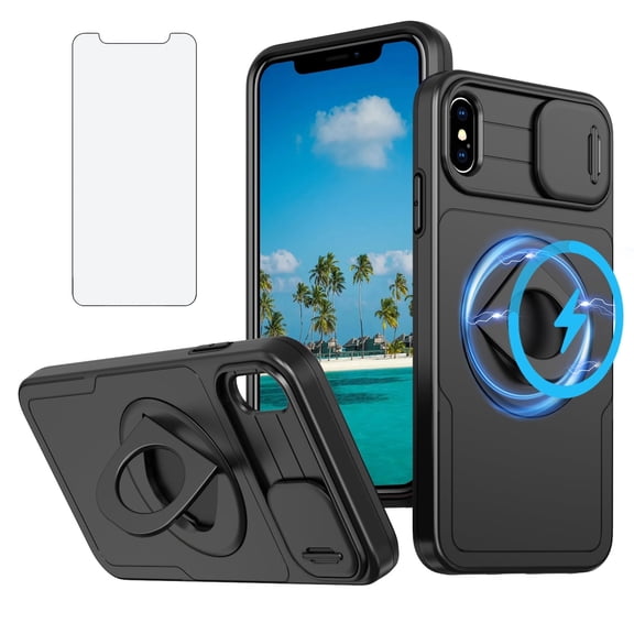 Asuwish Camera Cover, Ring Holder Rugged Cell Phone Case with Tempered Glass Screen Protector for iPhone X and iPhone XS, Black