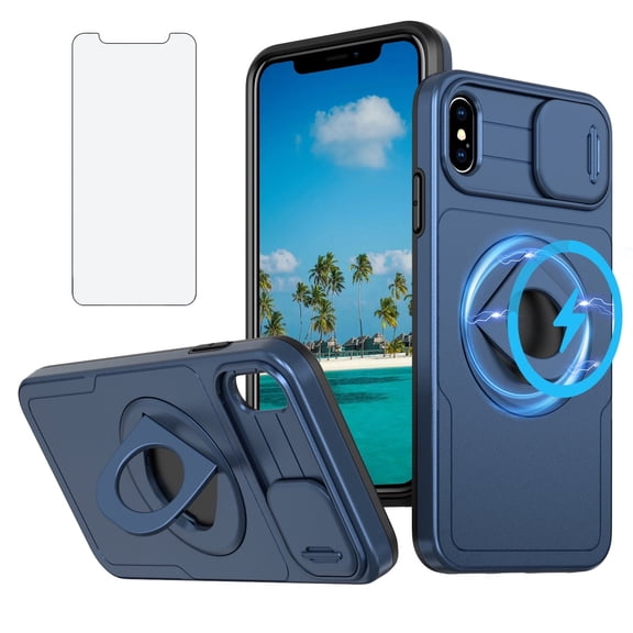 Asuwish Camera Cover, Ring Holder Rugged Cell Phone Case with Tempered Glass Screen Protector for iPhone X and iPhone XS, Blue