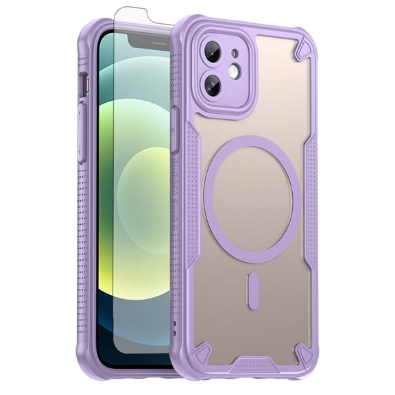 Asuwish Phone Case for iPhone 12 6.1 Compatible with Magsafe Magnetic Tempered Glass Screen Protector Translucent Matte Back Shockproof Protective Cell Cover iPhone12 5G i 12s Women Men Purple