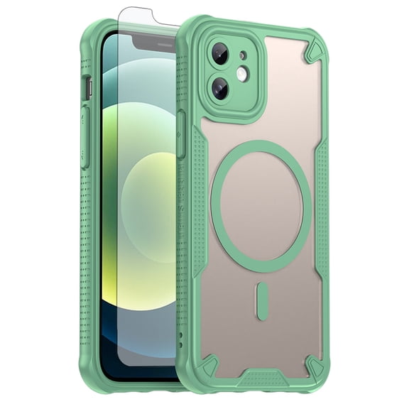 Asuwish Phone Case for iPhone 12 6.1 Compatible with Magsafe Magnetic Tempered Glass Screen Protector Translucent Matte Back Shockproof Protective Cell Cover iPhone12 5G i 12s Women Men Green