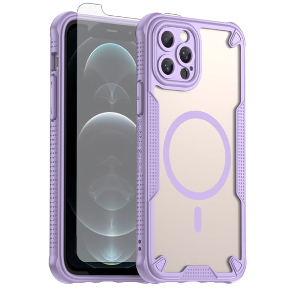 Asuwish Phone Case for iPhone 12 Pro 6.1 Compatible with Magsafe Magnetic Tempered Glass Screen Protector Translucent Matte Back Shockproof Protective Cell Cover iPhone12pro 12s 12pr Women Men Purple
