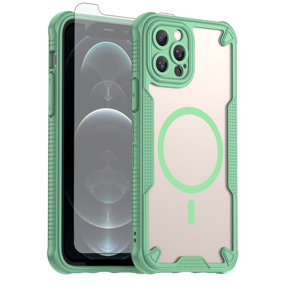 Asuwish Phone Case for iPhone 12 Pro 6.1 Compatible with Magsafe Magnetic Tempered Glass Screen Protector Translucent Matte Back Shockproof Protective Cell Cover iPhone12pro 12s 12pro Women Men Green