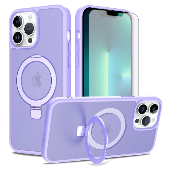 Asuwish Phone Case for iPhone 12 Pro Max/13 Pro Max 6.7 Tempered Glass Screen Protector Magnetic Folding Stand Frosted Translucent Rugged Shockproof Protective Cell Cover iPhone12pm Women Men Purple