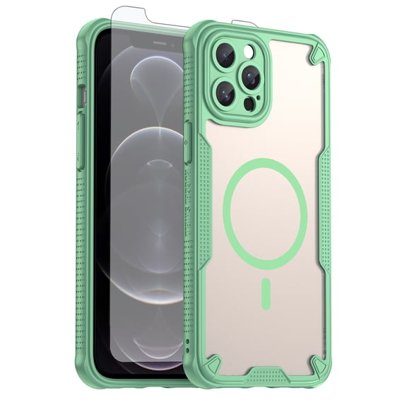 Asuwish Phone Case for iPhone 12 Pro Max 6.7 Compatible with Magsafe Magnetic Tempered Glass Screen Protector Translucent Matte Back Shockproof Protective Cell Cover iP12promax 12Plus Women Men Green