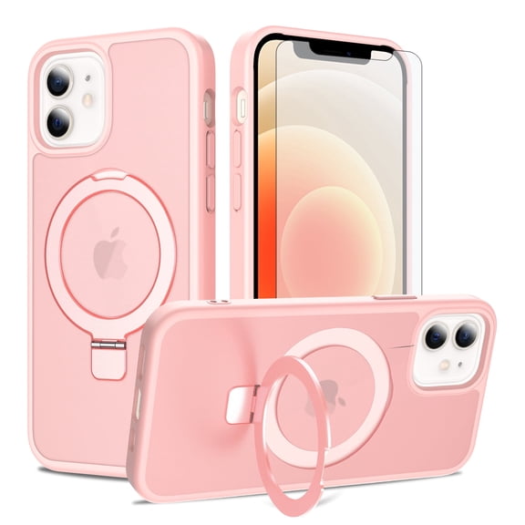 Asuwish Phone Case for iPhone 12 Pro iPhone12 6.1 Tempered Glass Screen Protector Magnetic Folding Stand Frosted Translucent Rugged Shockproof Protective Cell Cover iPhone12pro iP12 Women Men Pink