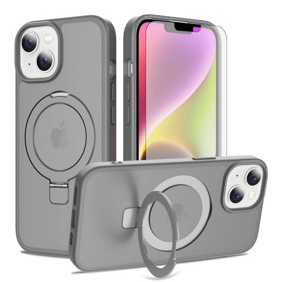 Asuwish Phone Case for iPhone 13/14/15 6.1 inch Tempered Glass Screen Protector Magnetic Folding Stand Frosted Translucent Rugged Shockproof Protective Cell Cover iPhone13 i14 i15Case Women Men Gray