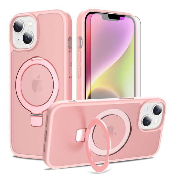 Asuwish Phone Case for iPhone 13/14/15 6.1 inch Tempered Glass Screen Protector Magnetic Folding Stand Frosted Translucent Rugged Shockproof Protective Cell Cover iPhone13 i14 i15Case Women Men Pink