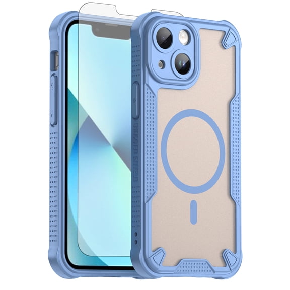 Asuwish Phone Case for iPhone 13 Mini 5.4 inch Compatible with Magsafe Magnetic Tempered Glass Screen Protector Translucent Matte Back Shockproof Protective Cell Cover iPhone13mini Women Men Blue