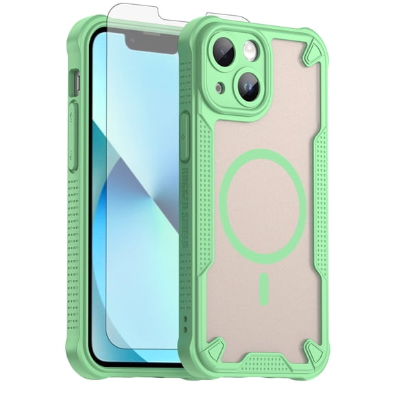 Asuwish Phone Case for iPhone 13 Mini 5.4 inch Compatible with Magsafe Magnetic Tempered Glass Screen Protector Translucent Matte Back Shockproof Protective Cell Cover iPhone13mini Women Men Green