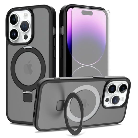 Asuwish Phone Case for iPhone 13 Pro/14 Pro 6.1 inch Tempered Glass Screen Protector Magnetic Folding Stand Frosted Translucent Rugged Shockproof Protective Cell Cover iPhone13Pro 14P Women Men Black