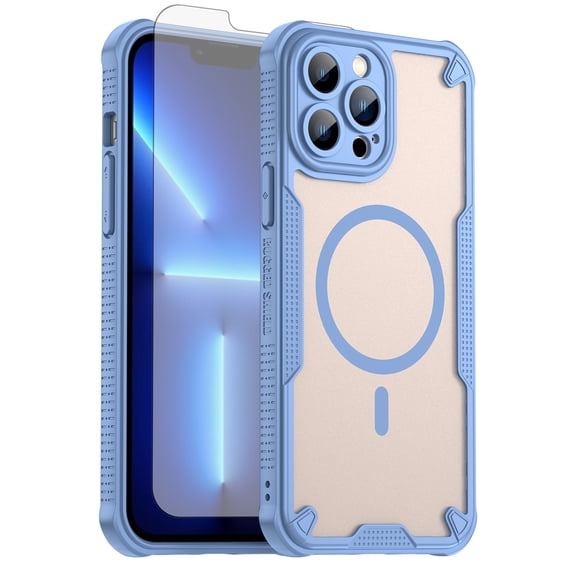 Asuwish Phone Case for iPhone 13 Pro Max 2021 6.7 inch Compatible with Magsafe Magnetic Tempered Glass Screen Protector Translucent Matte Back Shockproof Protective Cell Cover iP13pm Women Men Blue