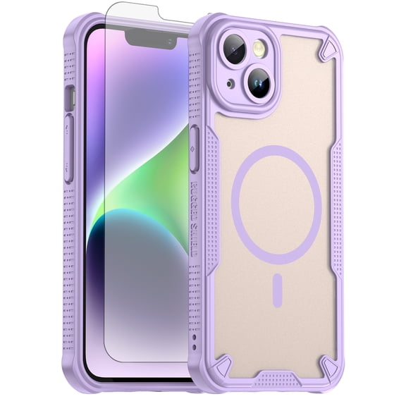 Asuwish Phone Case for iPhone 14 6.1 inch Compatible with Magsafe Magnetic Tempered Glass Screen Protector Translucent Matte Back Shockproof Protective Cell Cover iPhone14 5G i14Case Women Men Purple