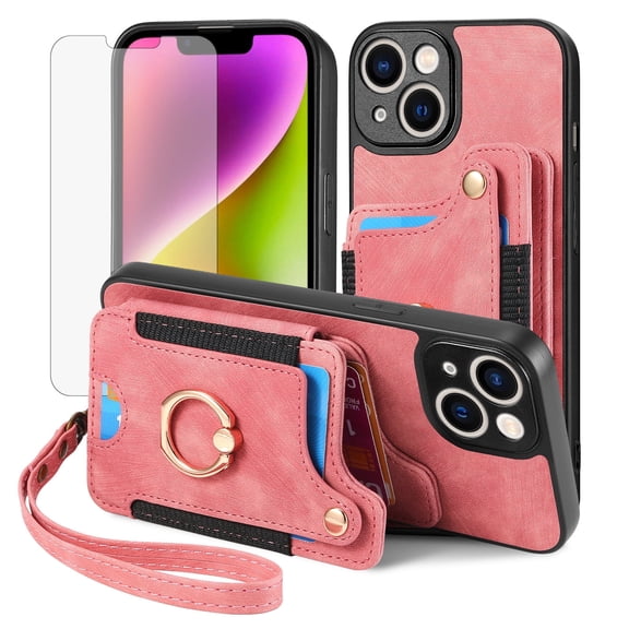 Asuwish Phone Case for iPhone 14 6.1 inch Wallet Cell Cover with Tempered Glass Screen Protector Slim Lanyard Wrist Strap RFID Ring Stand Credit Card Holder Slot iPhone14 5G i i-Phone14 14Case Pink