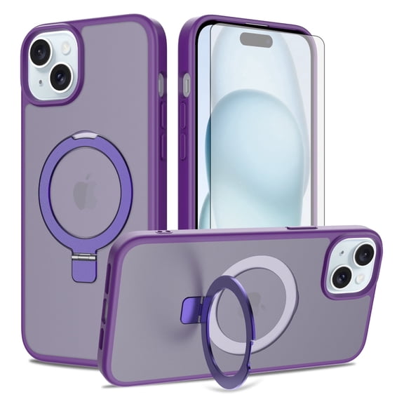 Asuwish Phone Case for iPhone 14 Plus/15 Plus 6.7 inch Tempered Glass Screen Protector Magnetic Folding Stand Frosted Translucent Rugged Shockproof Protective Cell Cover i-Phone 14 iP15 Deep Purple