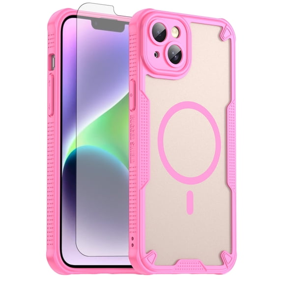 Asuwish Phone Case for iPhone 14 Plus 6.7 inch Compatible with Magsafe Magnetic Tempered Glass Screen Protector Translucent Matte Back Shockproof Protective Cell Cover iPhon14Plus 14+ Women Men Pink