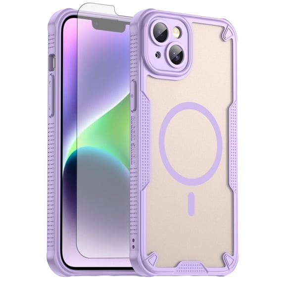 Asuwish Phone Case for iPhone 14 Plus 6.7 inch Compatible with Magsafe Magnetic Tempered Glass Screen Protector Translucent Matte Back Shockproof Protective Cell Cover iPhon14Plus Women Men Purple