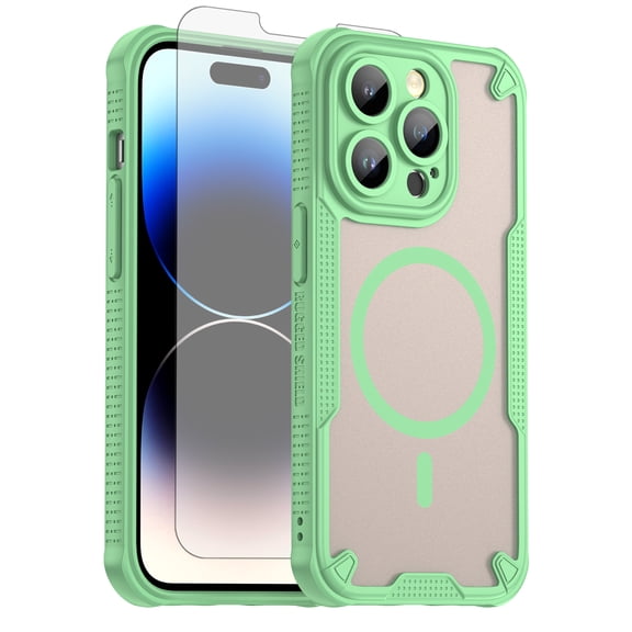 Asuwish Phone Case for iPhone 14 Pro 6.1 inch Compatible with Magsafe Magnetic Tempered Glass Screen Protector Translucent Matte Back Shockproof Protective Cell Cover iPhone14Pro i14p Women Men Green