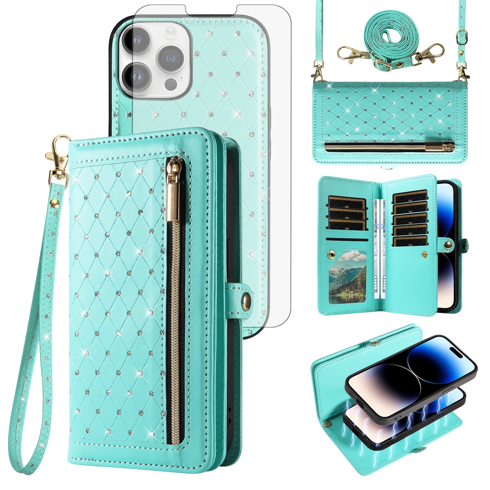 Asuwish Phone Case for iPhone 14 Pro 6.1 inch Zipper Wallet Detachable Cell Cover with Tempered Glass Screen Protector Crossbody Lanyard Strap Bling Glitter Flip Card Holder Slot iP14Pro Women Green