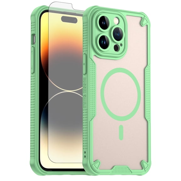 Asuwish Phone Case for iPhone 14 Pro Max 6.7 inch Compatible with Magsafe Magnetic Tempered Glass Screen Protector Translucent Matte Back Shockproof Protective Cell Cover iP14promax Women Men Green
