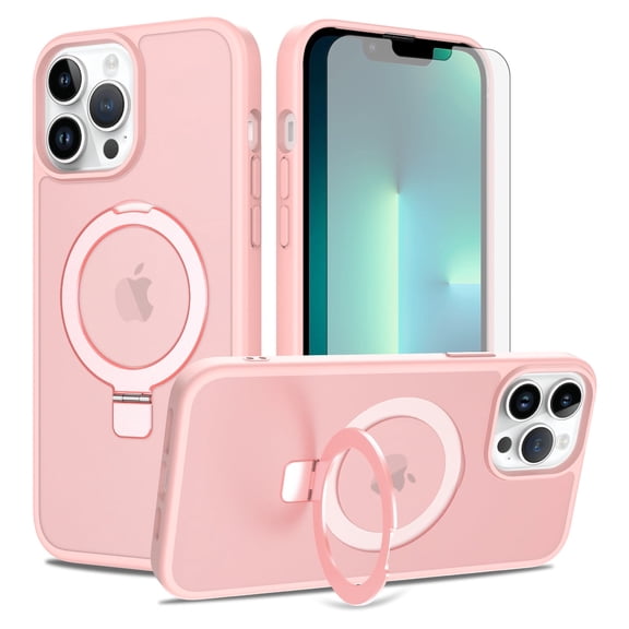 Asuwish Phone Case for iPhone 14 Pro Max 6.7 inch Tempered Glass Screen Protector Magnetic Folding Stand Frosted Translucent Rugged Shockproof Protective Cell Cover iPhone14promax 5G Women Men Pink