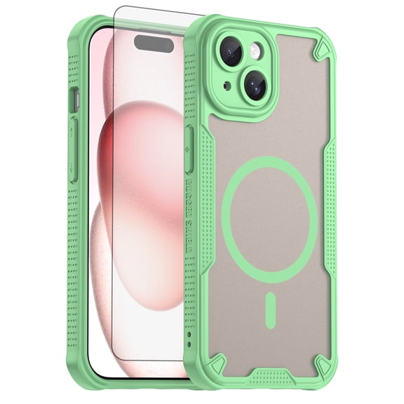 Asuwish Phone Case for iPhone 15 6.1 inch Compatible with Magsafe Magnetic Tempered Glass Screen Protector Translucent Matte Back Shockproof Protective Cell Cover i Phone15 i15 15Case Women Men Green
